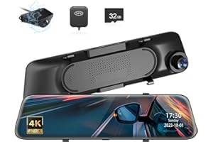 COOLCRAZY C8 12" 4K Mirror Dash Cam Backup Camera, Front 4K HD and Rear 1080P Camera, Front and Rear View Dual Cameras, Night Vision,24H Parking Monitoring, G-Sensor, Free 32GB Card & GPS