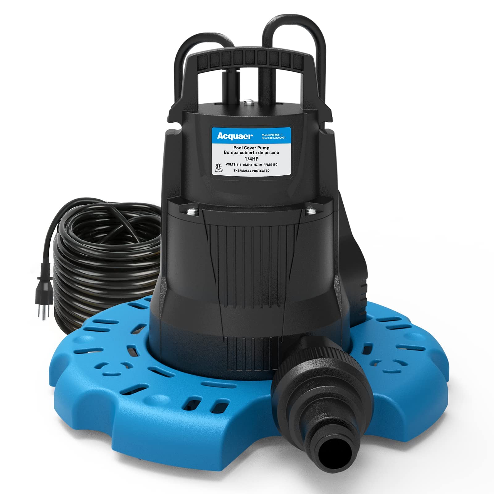 Photo 1 of Acquaer 1/4 HP Automatic Swimming Pool Cover Pump, 2250 GPH Submersible Sump Pump with 3/4” Check Valve Adapter & 25ft Power Cord, Water Removal for Pool, Hot Tubs, Rooftops, Water Beds and more