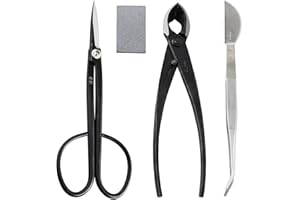Wazakura 4PCS Bonsai Essential Tool Kit Made in Japan - Yasugi Steel Twig Bonsai Scissors + Concave Branch Cutter 8in (200mm)