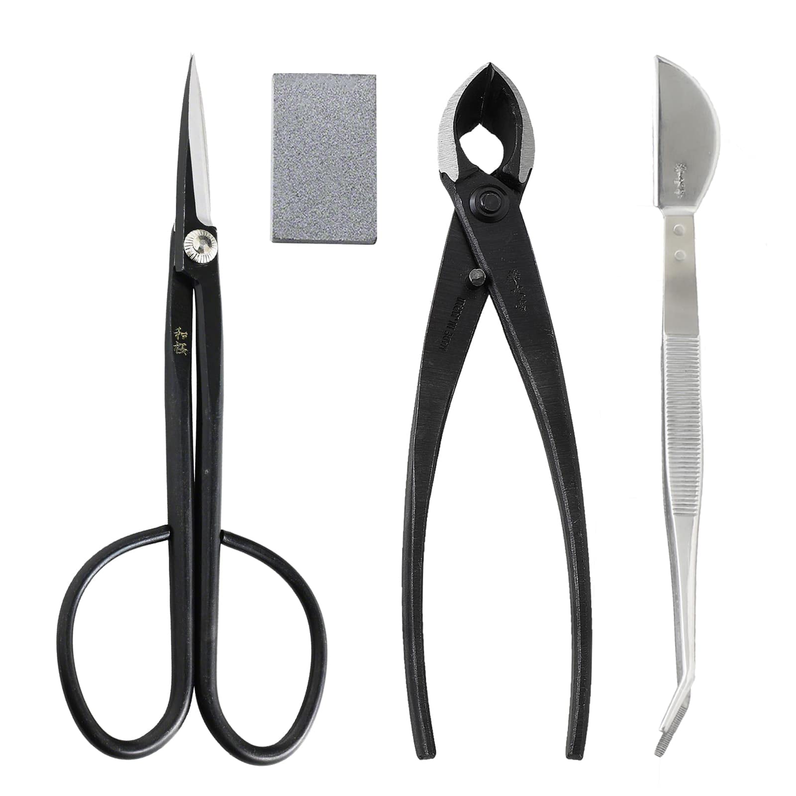 Wazakura 4PCS Bonsai Essential Tool Kit Made In Japan, Yasugi Japanese Steel Twig Bonsai Scissors 8.25" (210mm) + Concave Branch Cutter 8" (200mm) + Stainless Tweezers + Sap Eraser Gift Box Set