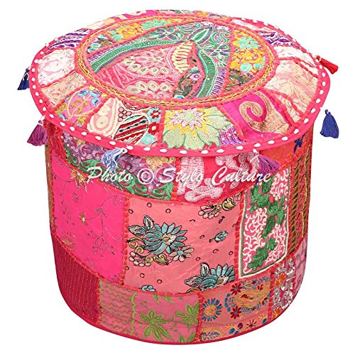 Stylo Culture Indian Pouffe Ottoman Cover Round Patchwork Embroidered Pouf Ottoman Cover Pink Cotton Floral Traditional Furniture Footstool Seat Foot Rest Puff Cover (22x22x14)
