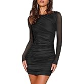 oten Women's 2026 Sexy Round Neck Mesh Long Sleeve Mini Dress Ruched Bodycon Cocktail Party Short Dresses