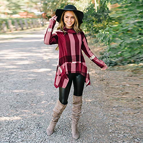 TIFENNY Women's Roll-Neck Plaid Stripe Pullover Spring Long Sleeve Irregular Hem Tops Blouse Shirt Sweatshirt Red - Thumbnail 7