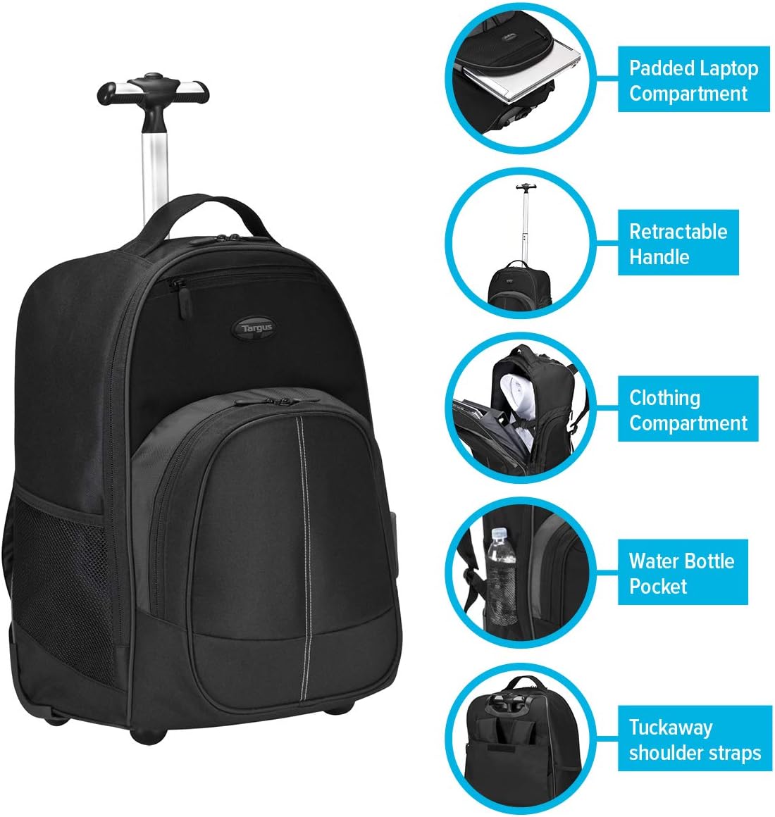 Targus Compact Rolling Backpack for Business, College Student and Travel Commuter Wheeled Bag, Durable Material, Tablet Pocket, Removable Laptop Protective Sleeve for 16-Inch Laptop, Black (TSB750US): Computers & Accessories