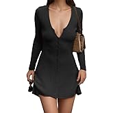 LOFAAC Women Sexy V Neck Button Front Ribbed Knit Short Dress Casual Slim Fit Long Sleeve Flowy Swing Sweater Mini Dress