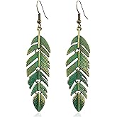 ANDPAI Handmade Boho Floating Feathers Dangle Drop Earrings Lightweight Vintage Green Bronze Statement Leaves Earrings with Detailed Texture Earring for Women
