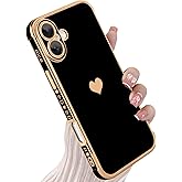 KANGHAR Compatible with iPhone 16 Plus 5G Case for Women Girl, Plating Edge Cute Love Heart Soft TPU Bumper with 4 Corners Shockproof Protection Phone Case Cover for iPhone 16 Plus 5G(Black)