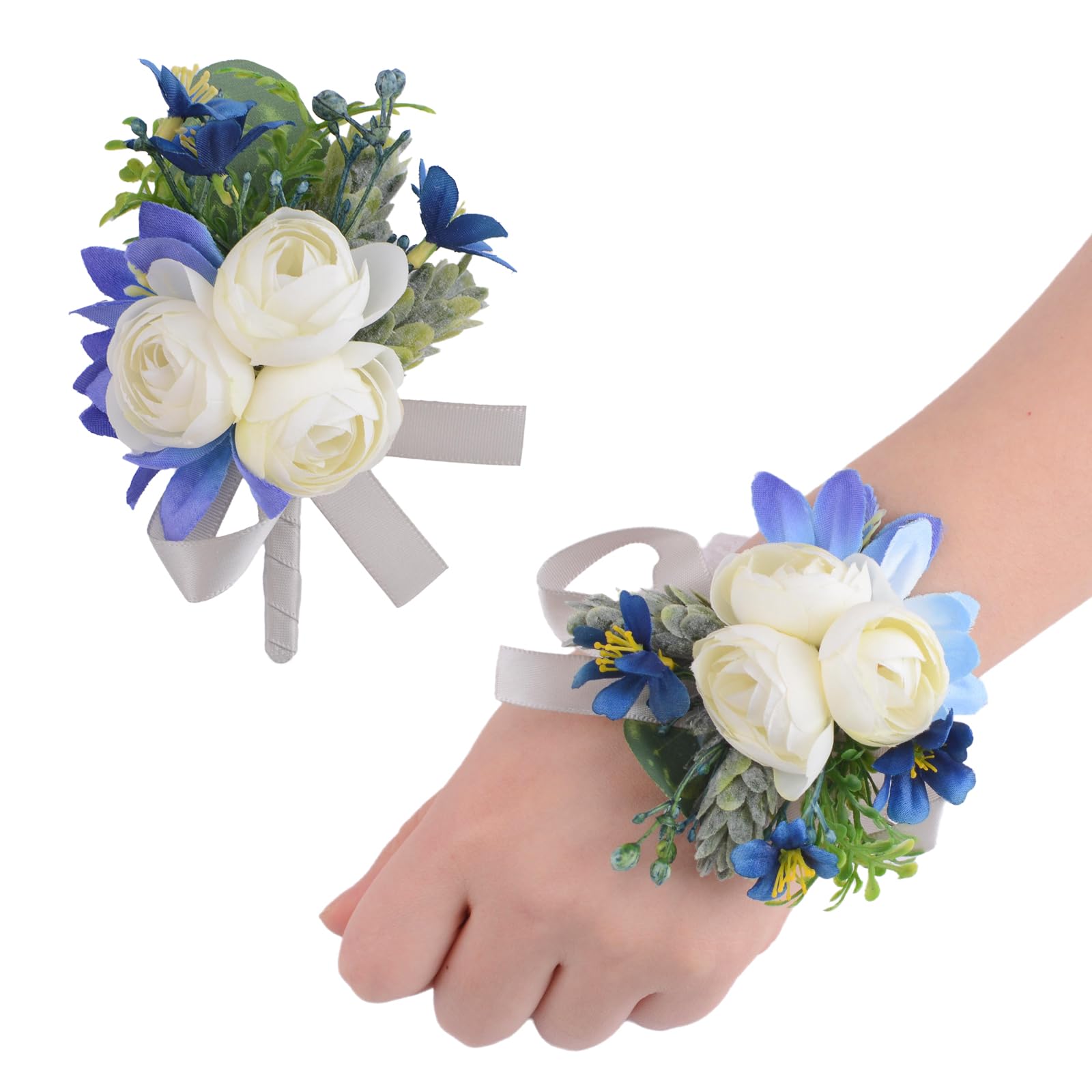 URROMA 2 Pcs Wrist Corsage Flower, Artificial Wedding Wrist Corsage and Boutonniere Set Bride Hand Flower Men Boutonniere for Wedding Bridesmaid Party Prom Decorations, White and Blue