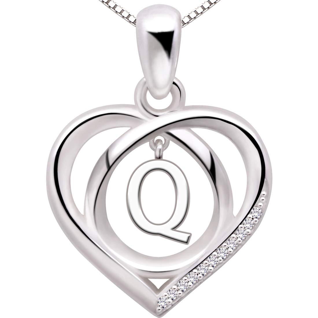 ALOV Jewelry Sterling Silver Initial Q Letter Alphabet Love Heart Cubic Zirconia Pendant Necklace — image 1