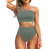 Tempt Me Women One Shoulder High Waisted Bikini Color Block Two Piece Swimsuits Cutout 2 Piece Bathing Suit