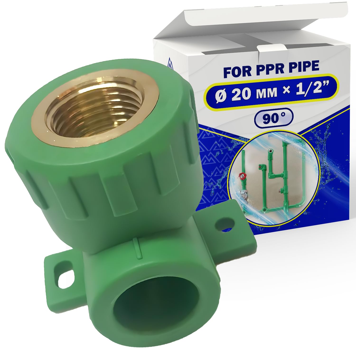 Fitting Ø 20 mm x 1/2″ 90° Elbow with Wall Bracket and Connector Made of PP-R and Metal Internal Thread for Connecting Metal Pipe with Thread to Polypropylene Plastic Pipe - MONTERAL