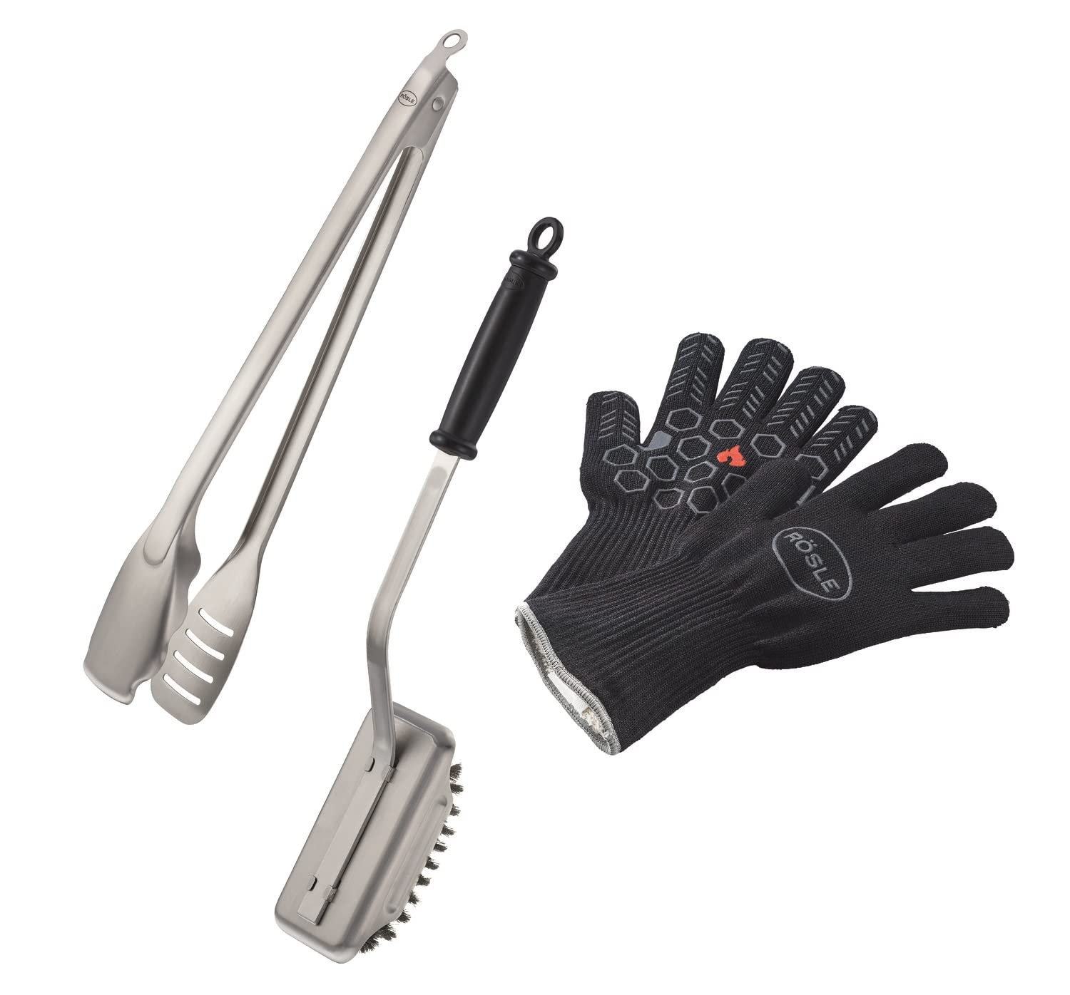 RÖSLE Barbecue Premium Set of 3, Barbecue Set with Premium Barbecue Gloves, BBQ Tongs and Cleaning Brush SlideX, Stainless Steel, Silver/Black