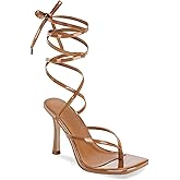 Coutgo Womens Strappy Thong Heels Sandals Sexy Lace up Wrap Ankle Strap Square Toe High Heeled Dress Summer Party Shoes