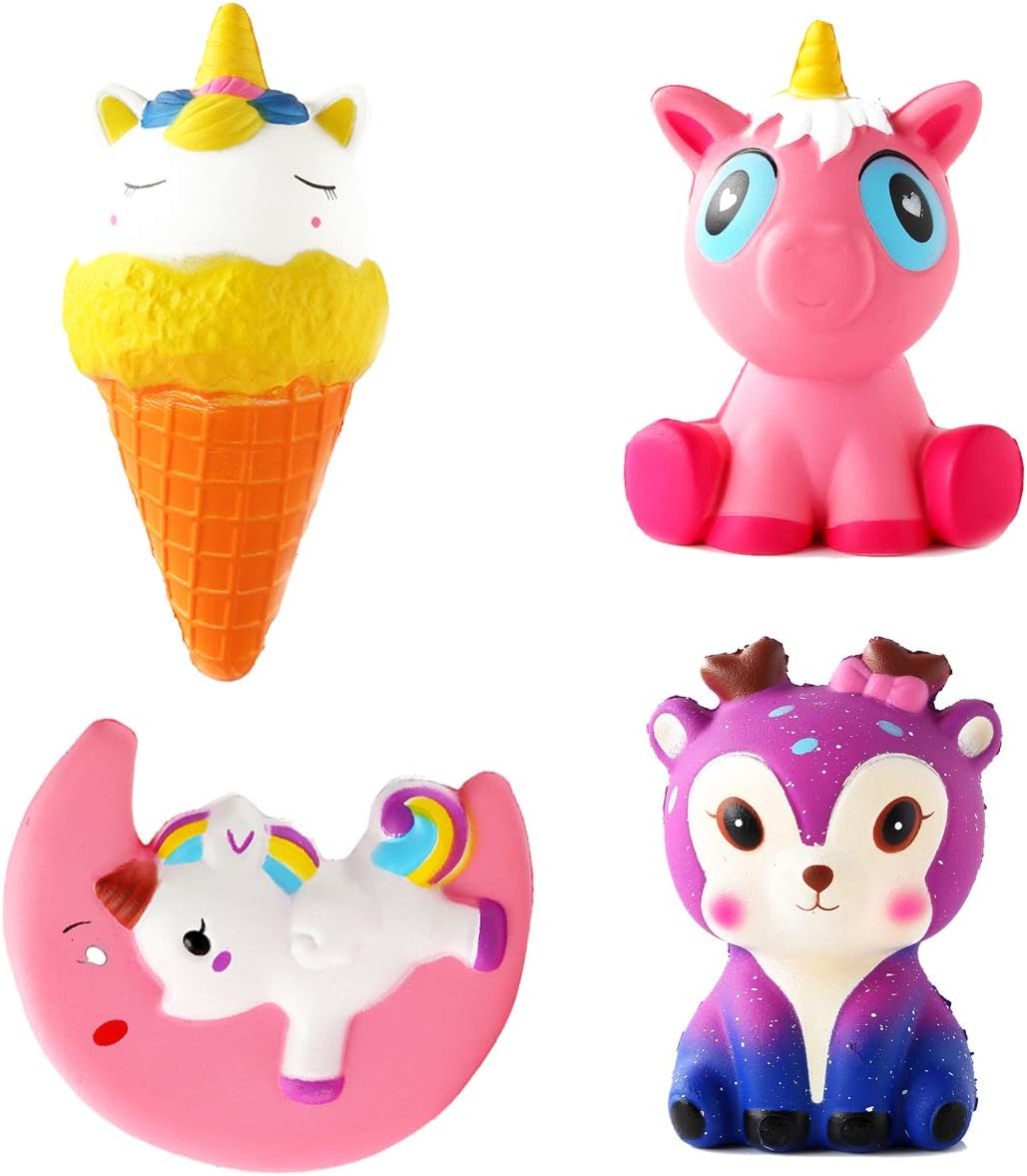 NIUBANG 4PCS Slow Rising Jumbo Squishies Moon Unicorn,Ice Cream,Deer Squishy Unicorn Party Supplies Soft Squeeze Novelty Toy Stress Relief Hop Props