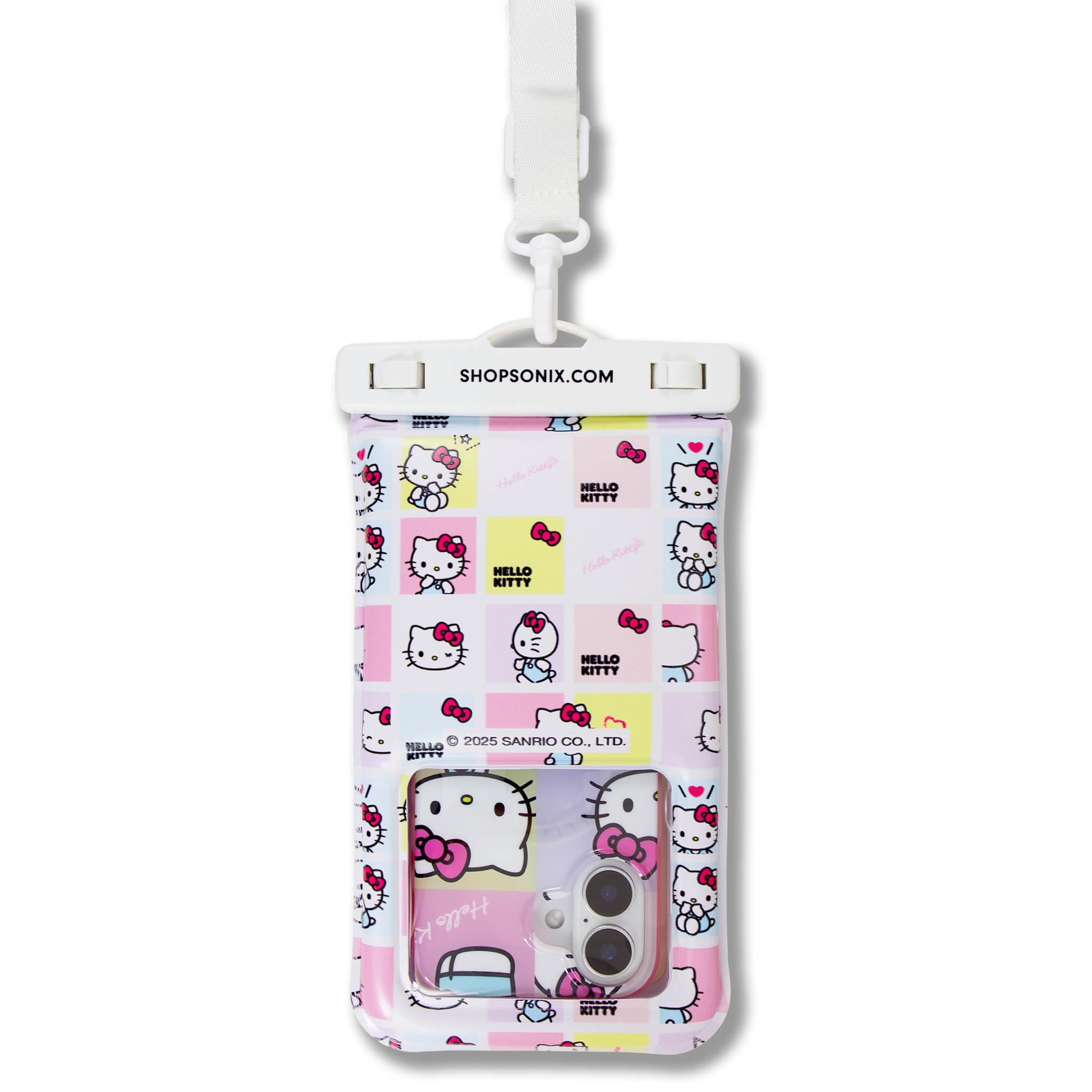 Sonix x Sanrio Waterproof Phone Pouch - Floating Phone Case Dry Bag w/Crossbody Lanyard - Beach Cruise Travel Essentials - Compatible w/All Devices, Touchscreen Friendly | Hello Kitty Grid