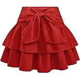 Timormode Women's Bow Mini Skirt Flowy High Waisted Ruffle Hem Short Skirts Cute Boho A-Line Layered Skater Skirt