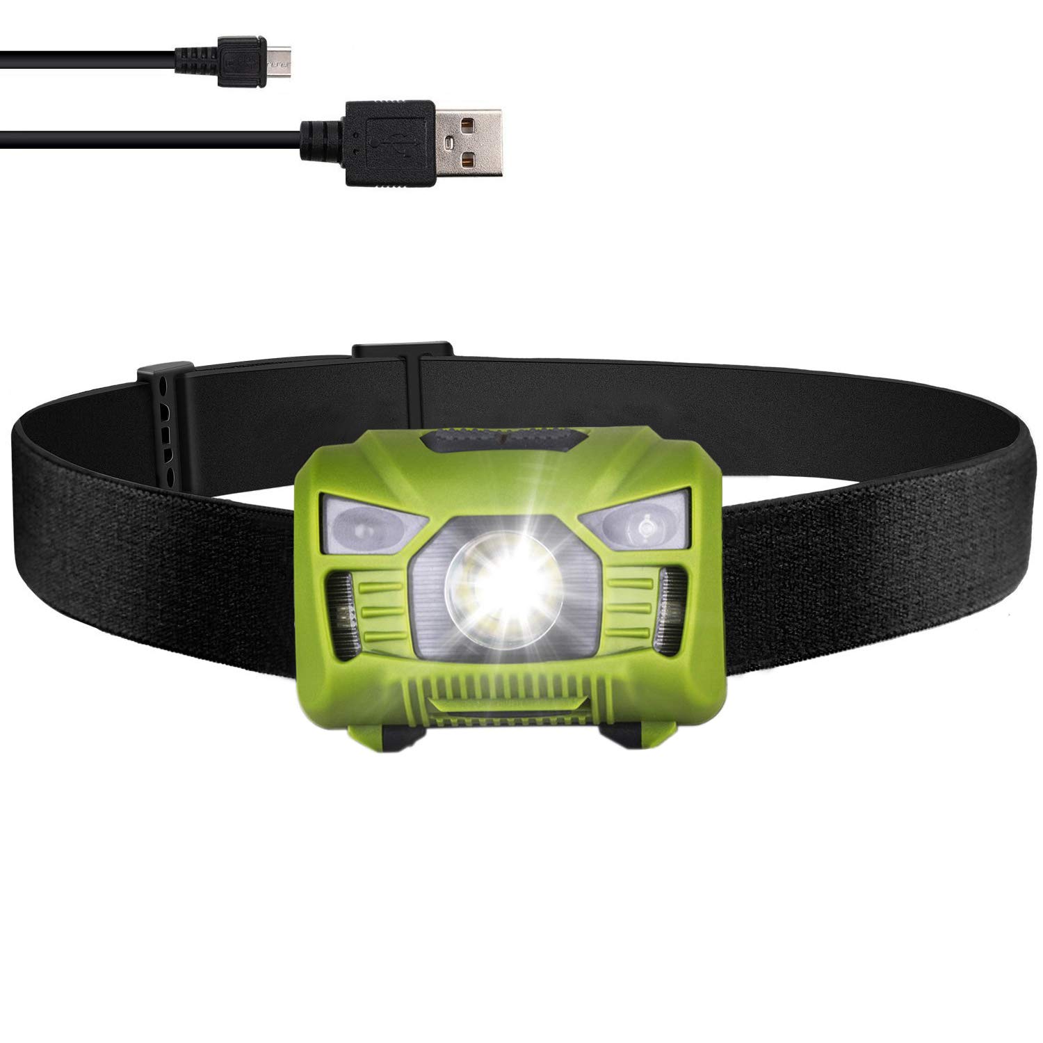 Three trees Sensor Brightest LED -With Red Light Rechargeable Headlamp Flashlight for Kids Men and Women ,Waterproof Perfect for Running, Walking ,Reading,Camping Adjustable in 200 Lumens (green)