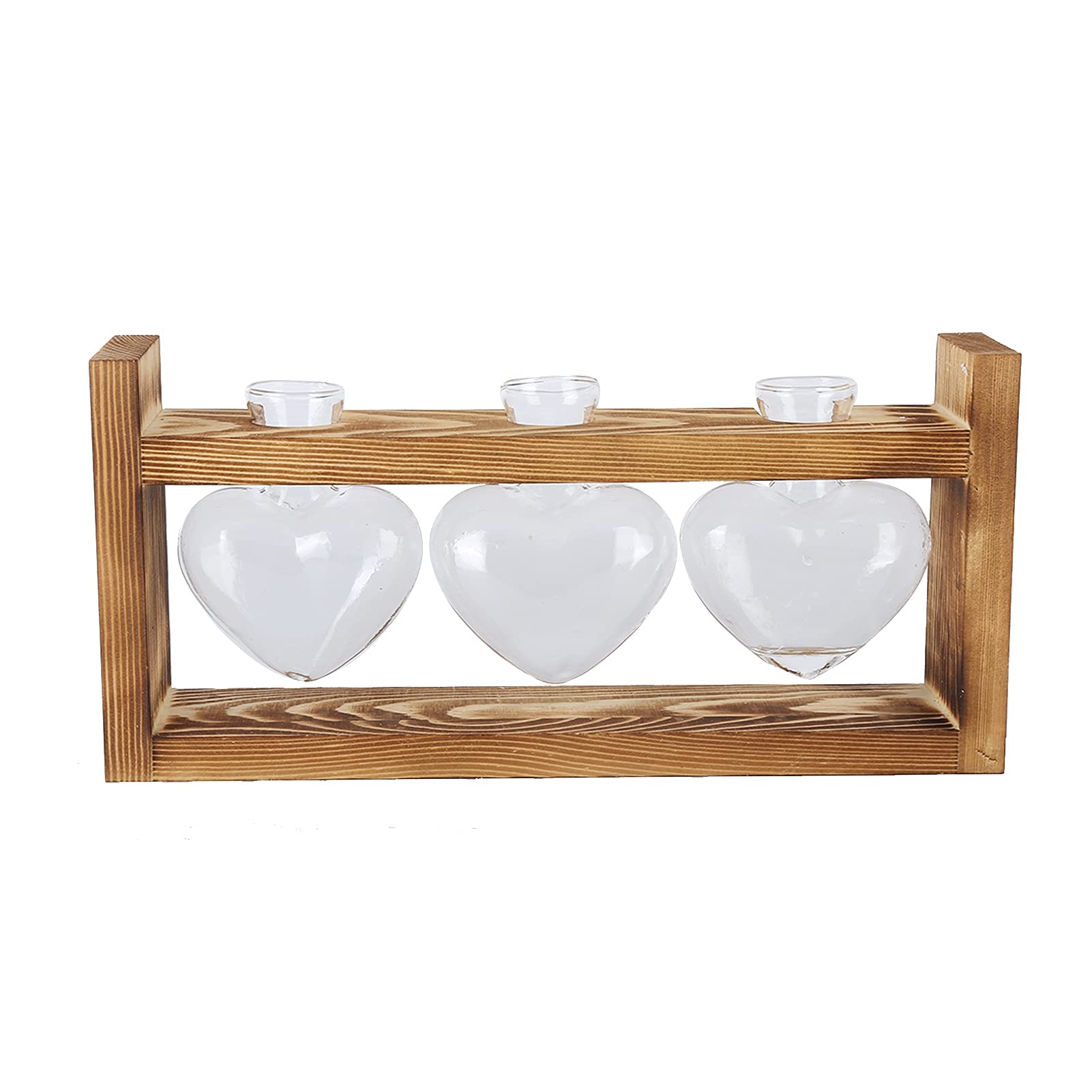 Plant Terrarium with Wooden Stand,Heart Shaped Transparent Glass Vase Flower Pot Hydroponics Plant Propagation Station for Hydroponics Plants Home Office Decor (Retro Box + 3