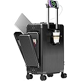 feilario 20in Aluminum Frame PC Carry On Luggage Tri-Zone Access Hard Shell Brake Wheels Suitcase with Cup Holder, Phone Holder, TSA Approved Lock (Black, 20")