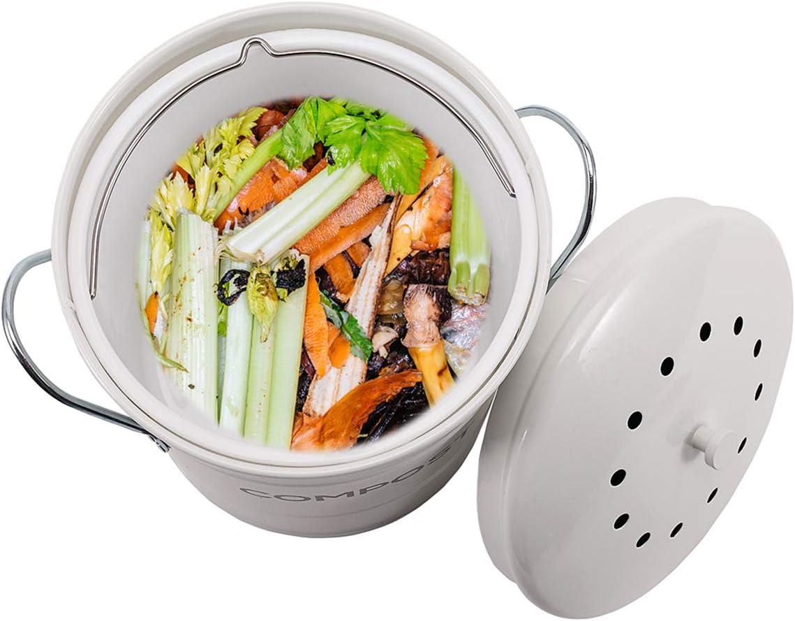 2-in-1 Indoor Kitchen Compost Bin, Great for Food Scraps, Removable Clean Plastic Bucket, Handles, Beige, 1 Gallon - Includes Charcoal Filter - Style 1: Kitchen & Dining