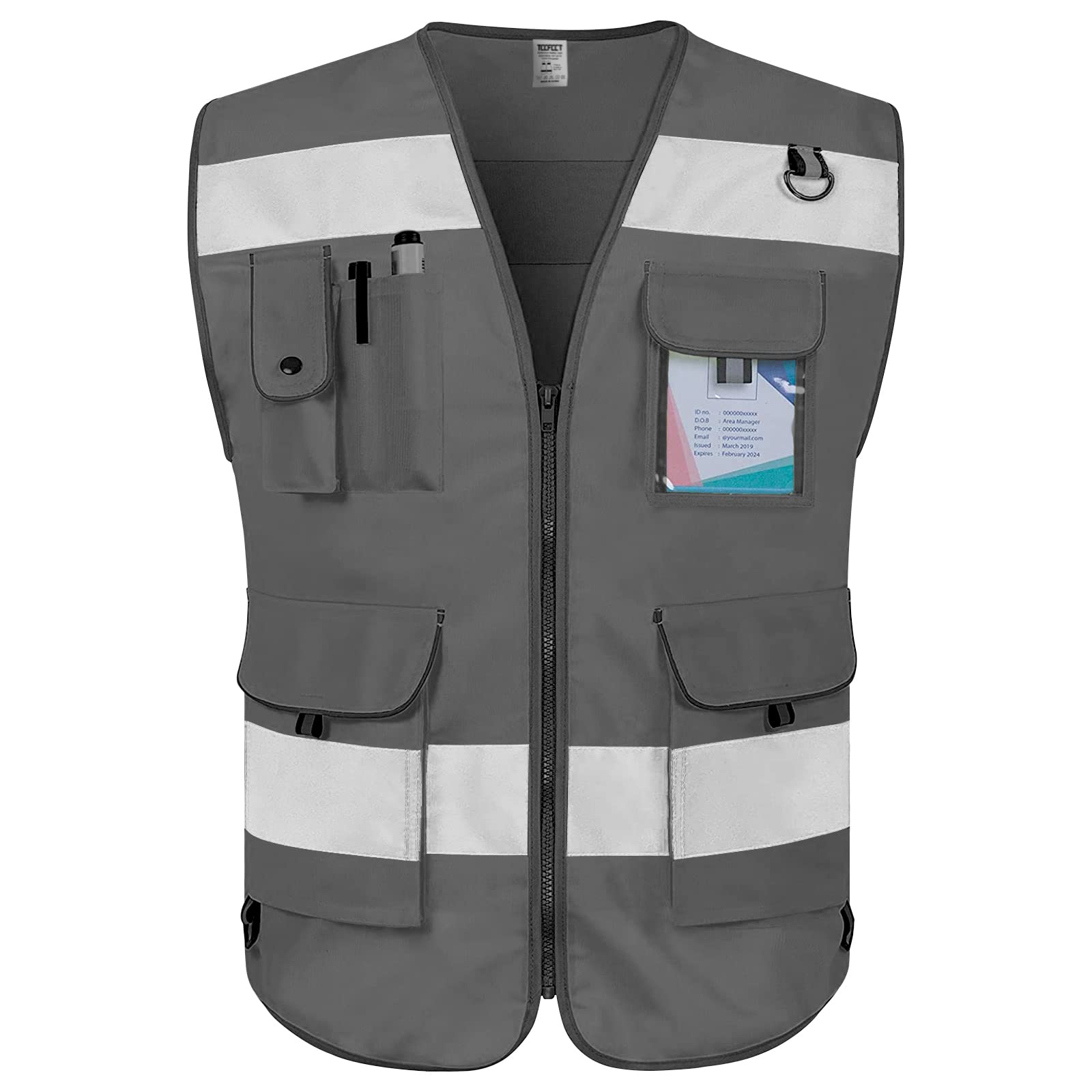 Photo 1 of TCCFCCT Grey Safety Vest for Men Women 9 Pockets High Visibility Reflective Vest for Safety, Work Vest with Reflective Strips, Meets ANSI/ISEA Standards, Large