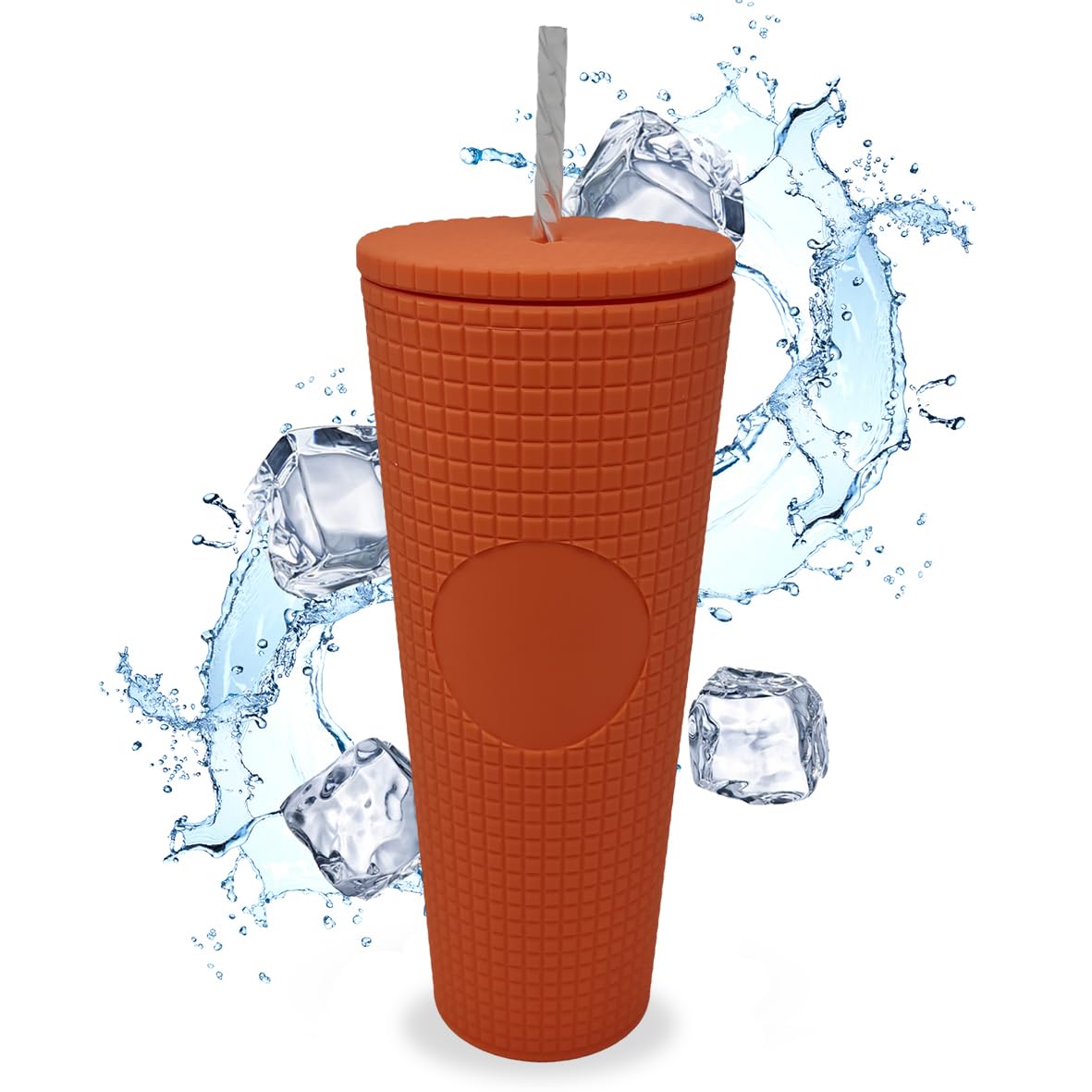 Nadia's Little Treasures Grid Plastic Tumbler Cup - Plastic Double Walled Cold Cup for iced Coffee, Water, Slush or Smoothies, Your Home Cinema Cup (Matte Peach)