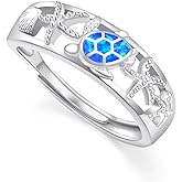 Cuoka Turtle Ring,Sterling Silver Adjustable Ocean Animal Blue Opal Sea Tortoise Starfish Ring Hawaiian Beach Themed Jewelry Gifts for Women