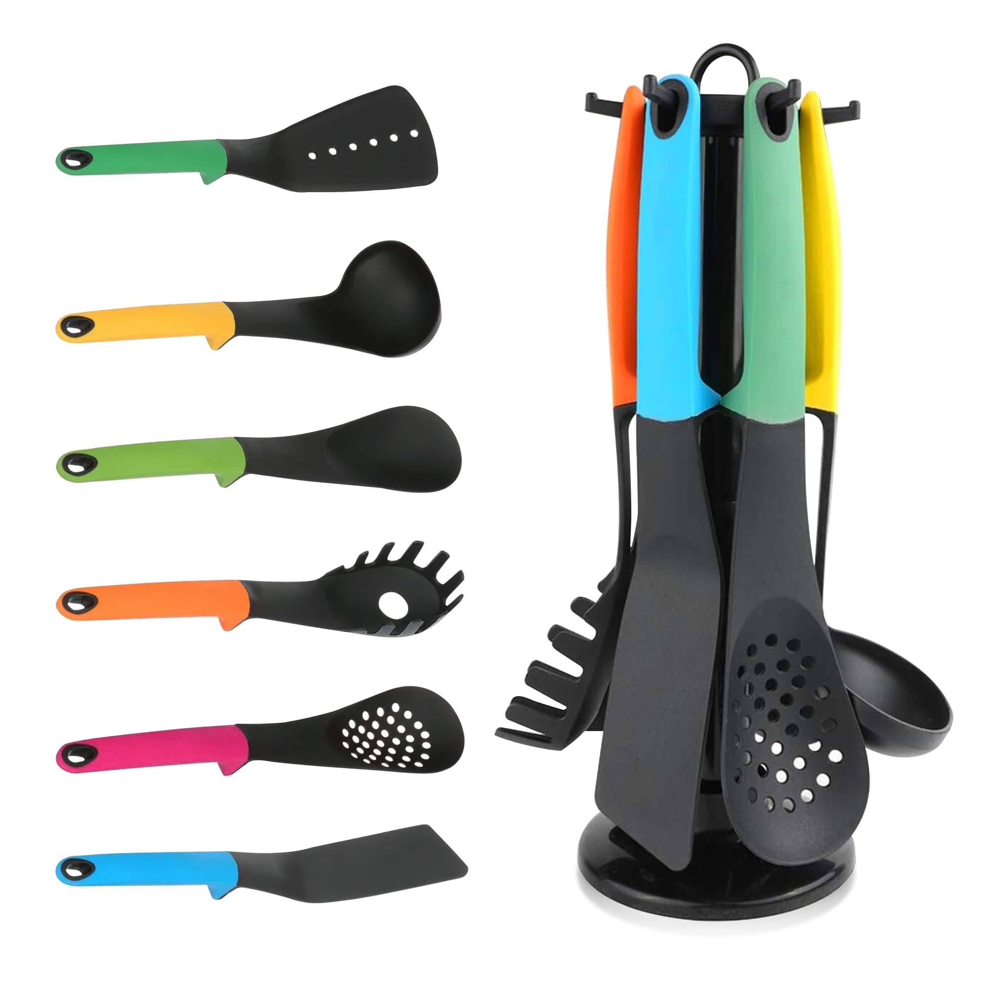 ShirazO Kitchen Utensil Set 6pcs, Silicone Cooking Utensils, Non-Stick Kitchen Utensils Set with Soup Ladle, Spoon, Skimmer, Spaghetti Server, Spatula & Slotted Turner – Black, Heat Resistant