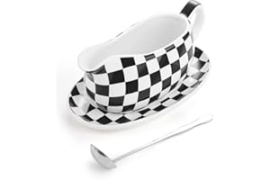 LoeJan Gravy Boat with Spoon, Ceramic Sauce Serving Dish, Easy-Pour Big Dripless Lip Spout Serveware Set For Salad Cream Milk Broth Black Pumpkin Thanksgiving