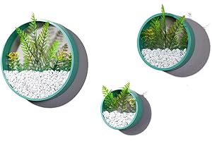 ZEETOON 3 Pack Set Modern Wall Planters with 3 Artificial Succulent Plants Succulent Planter Circle Metal Flower Pot Indoor Air Plant Vertical Container Hanging Vase Home Decoration Size S,M,L Blue