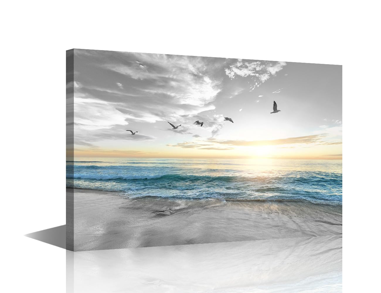 TISHIRON Black and White Canvas Prints Wall Art Beach Sunset Ocean Waves Seagulls Nature Pictures Stretched Canvas Wooden Framed for living Room Bedroom and Office 16x24inch