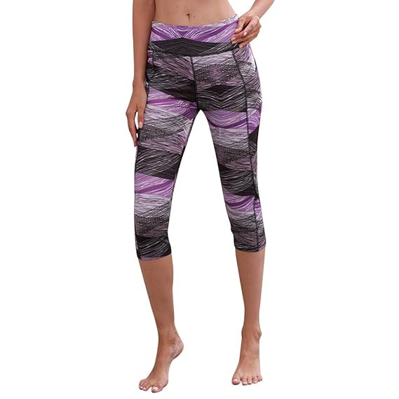 TianWlio Leggings Damen Frauen Hohe Taille Pocket Drucken Sport Yoga Fitness Leggings Wadenlänge Hosen Lila S/M/L/XL