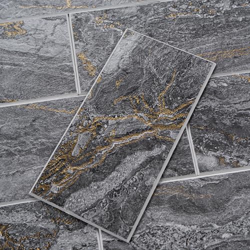 StyloVue 100 Pieces Peel and Stick Backsplash for Kitchen, 3" x 6" PVC Subway Tile 2026 Upgraded Gray-Gold Stone Backsplash Stick on Tile Elevate Kitchen Fireplace RV