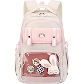 Kawaii School Backpack for Teen Girls, Cute Bookbags for Elementary Middle School, Multiple Pockets Girls Daypack with Accessories, Pink