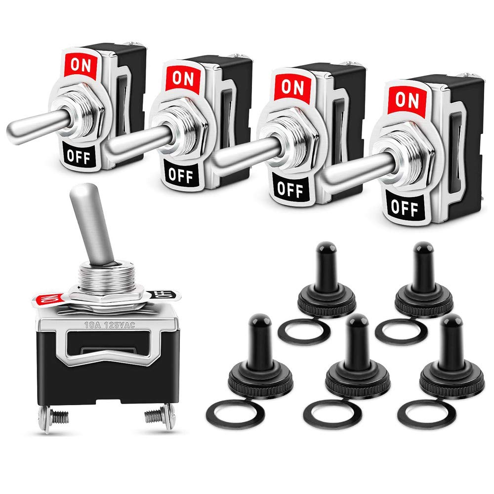 GTIWUNG 5Pcs Rocker Toggle Switch with Waterproof Boot Cap Cover, AC125V 10A/AC250V 6A, 2 Pin SPST ON/Off Switch with Metal Bat, 2 Position Toggle Switch for Car Auto Truck