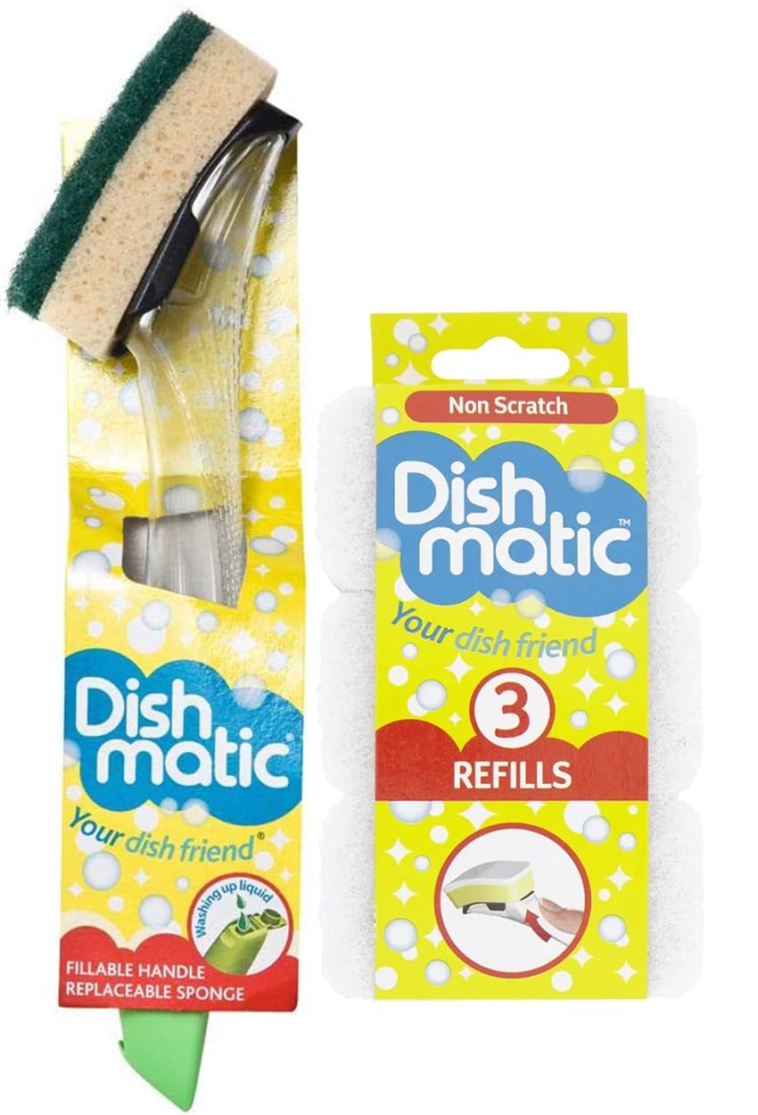 Fillable Washing up Brush [ Easy Grip Dish Cleaner] - with 3X Non Scratch Sponge Refills -Ideal for Glassware and Delicate Surfaces