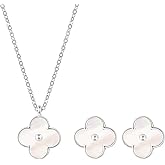 COBI Four Leaf Clover Necklace and Stud Earrings Jewelry Set White Black Green, 18k Gold Plated Clover Earrings Pendant Necklace, Clover Jewelry Set Gifts for Women