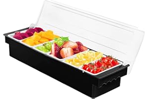 FEOOWV Fruit Veggie Condiment Caddy with Lid, 6 Compartment Plastic Dispenser Tray for Catering Dips Toppings, Serving Taco, Ice Cream, Fruit, & Salad Bar,Garnish Organizer for Restaurant Supplies