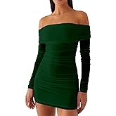 Mokoru Women's Sexy Elegant Off The Shoulder Mesh Long Sleeve Ruched Bodycon Cocktail Party Mini Dresses