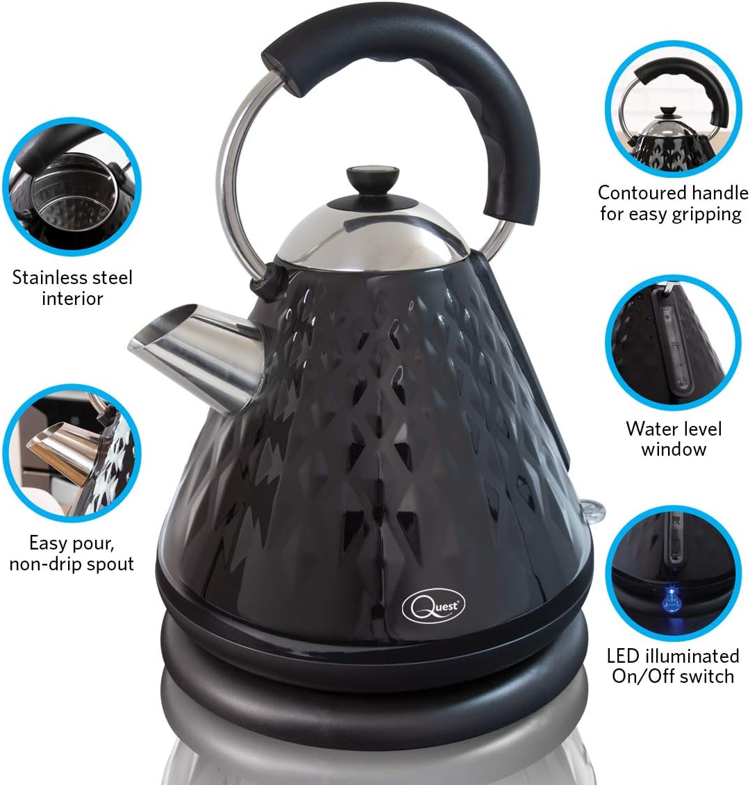 Quest 34560 Fast Boil Diamond Cut Pyramid Shape Cordless Kettle, 3000 W, 1.7 Litres, Black - Image 4