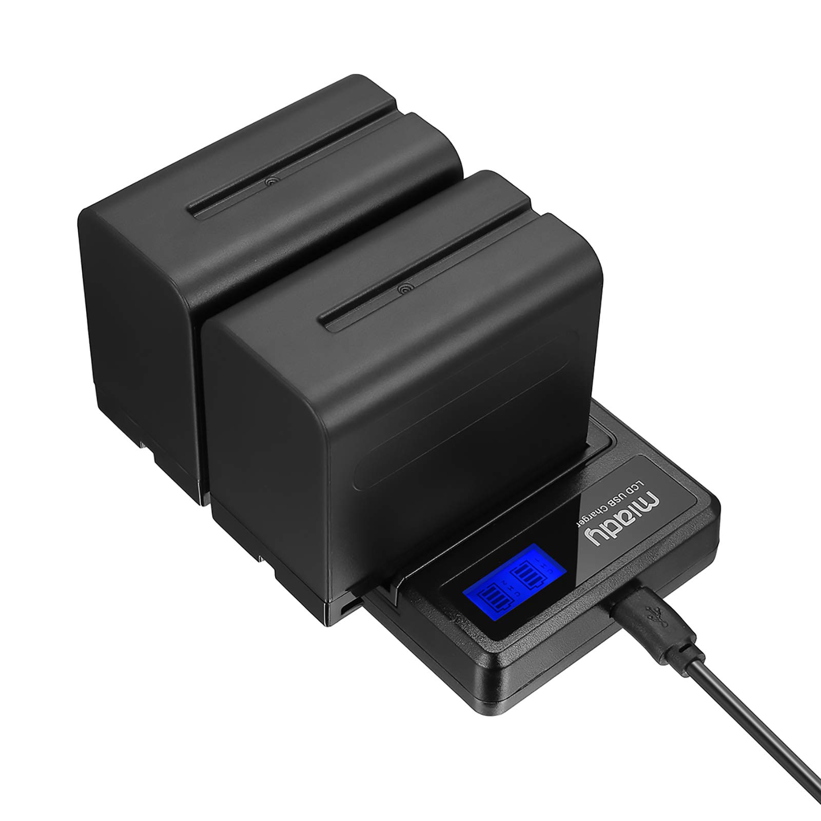 Miady NP-F970, NP-F960, NP-F930, NP-F950 2 Pack Battery and Dual LCD Battery Charger Set Compatible with Sony DCR-VX2100, DSR-PD150, DSR-PD170, FDR-AX1, HDR-FX1, HDR-FX7, HDR-AX2000