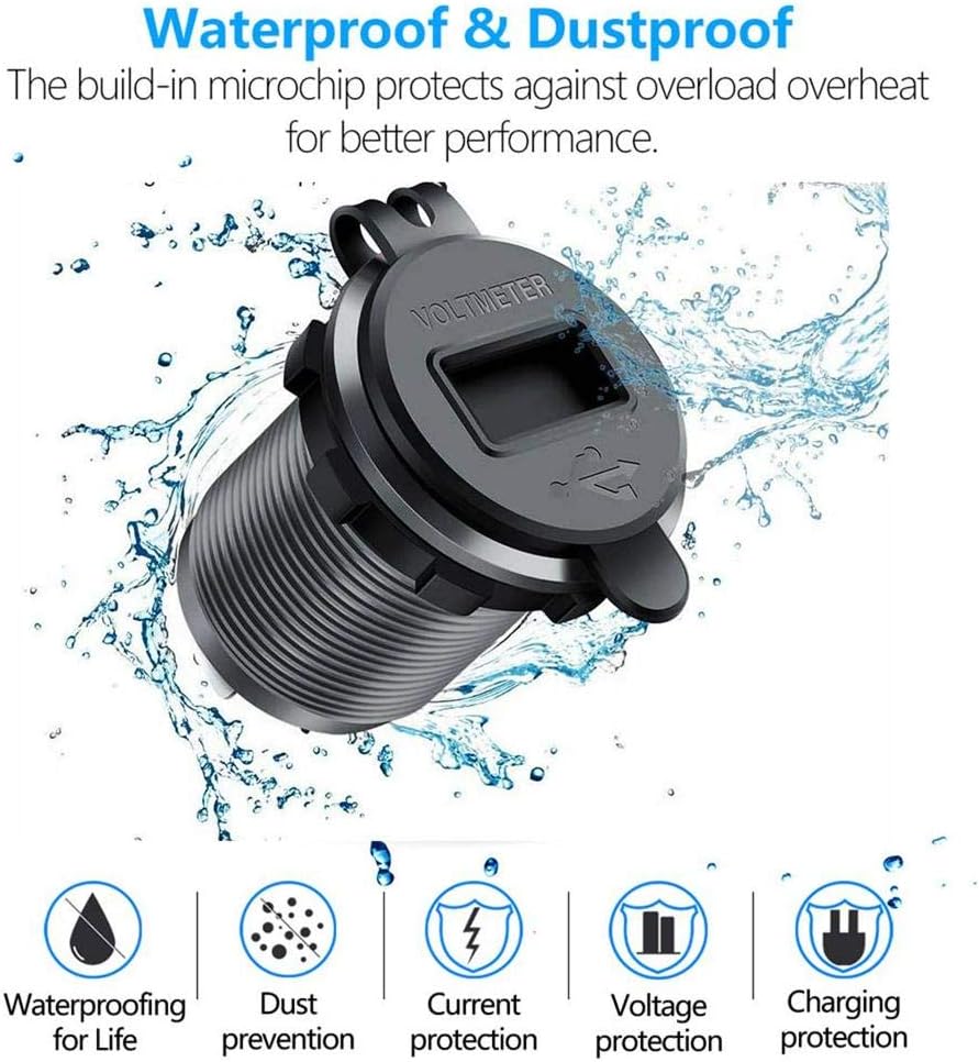 Thlevel Quick Charge 3.0 Dual USB Outlet, 12V/24V USB Car Charger with On/Off Switch and LED Digital Voltmeter Waterproof Car Socket for Marine, Boat, Motorcycle, Truck and More (Black): Home Audio & Theater