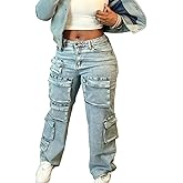 Baczoe Women's Baggy Cargo Jean High Waisted Y2K Distressed Wide Leg Denim Pants with Multi Pockets Streetwear