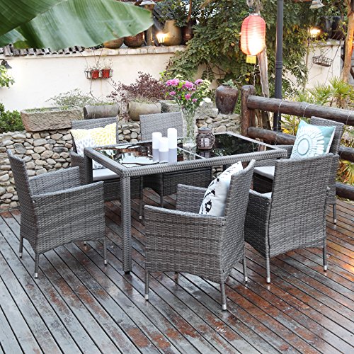 7 Piece Patio Wicker Dining Set,Wisteria Lane Outdoor Rattan Dining Furniture Glass Table Cushio ...