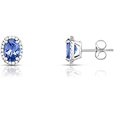 KOKAV 14K White Gold Genuine Tanzanite 1-1/2 Ct Oval, Diamonds Halo Earrings