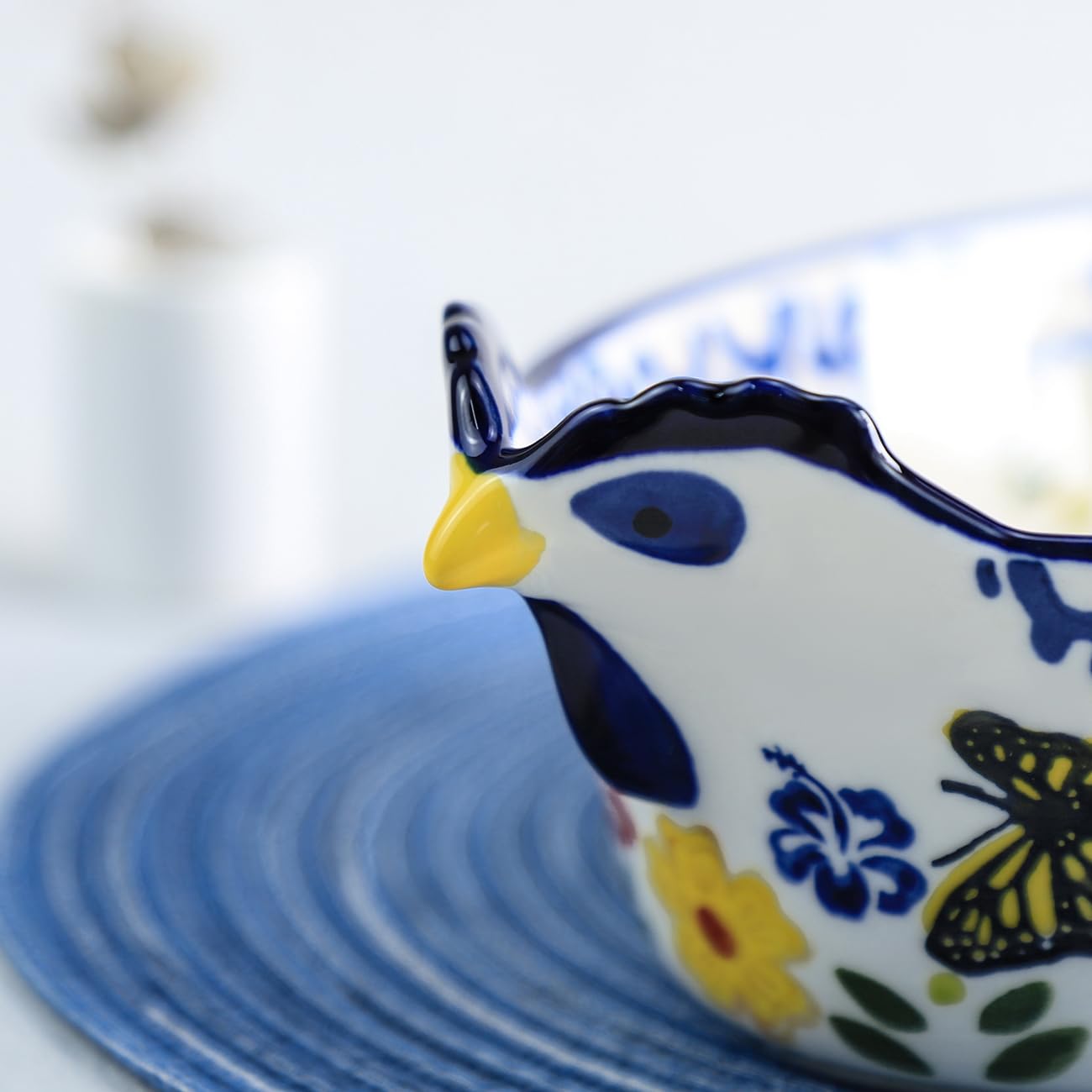 Vintage Butterfly and Flower Pattern Pie Pan, Chicken Shape Ceramic Bakeware Casserole Dish Baking Pan Bakers Lasagna Pans Soup Bowl Baking Dish for Oven to Table-Blue-25 OZ