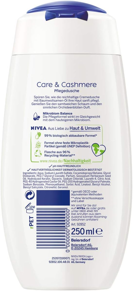 NIVEA Care & mere Shower Gel (250 ml), Sensual Scented Shower Gel with Velvety Soft Foam, Rich Cream Shower with Cotton Seed Oil - Image 3