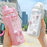 JHTPSLR Large Kawaii Water Bottle with Straw and 3D Stickers Cute Aesthetic Bottle Kawaii Milk Bottle Tea Cup Juice Shaker Portable Silicone (700ml/24oz, Pink)