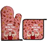 Gkodw Dude with The Food Oven Mitts and Pot Holders Sets, Funny Oven Mitts for Father Grill Masters Grill Lovers BBQ Lover Foodies, Cooking Gifts Housewarming Gifts for Dad Grandpa