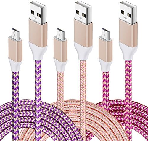 Micro USB Cable, 3 pcs (10ft/3M) Boxeroo Nylon Braided Tangle-Free Fast Charger Data Colorful Cable with Metal Connectors for Android, Samsung Galaxy S6/S6 Edge, HTC and More (Purple,Pink,Rose)